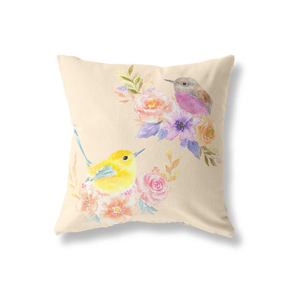 Flower Birds 40cm Square Cushion - Cotton Drill Deluxe