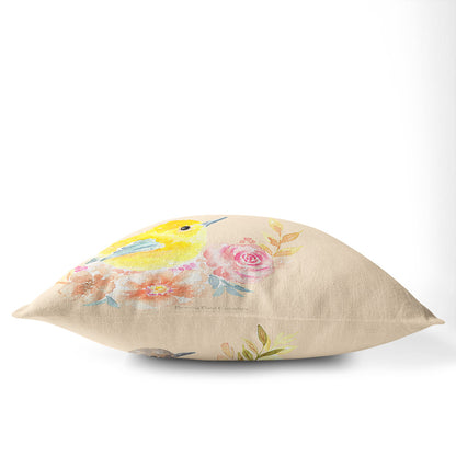 Flower Birds 40cm Square Cushion - Cotton Drill Deluxe