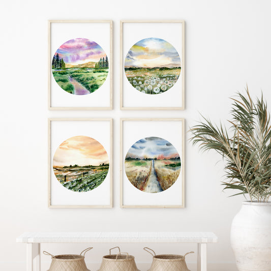 All Seasons Watercolour Landscape - Spring, Summer, Autumn, Winter Art Print Collection