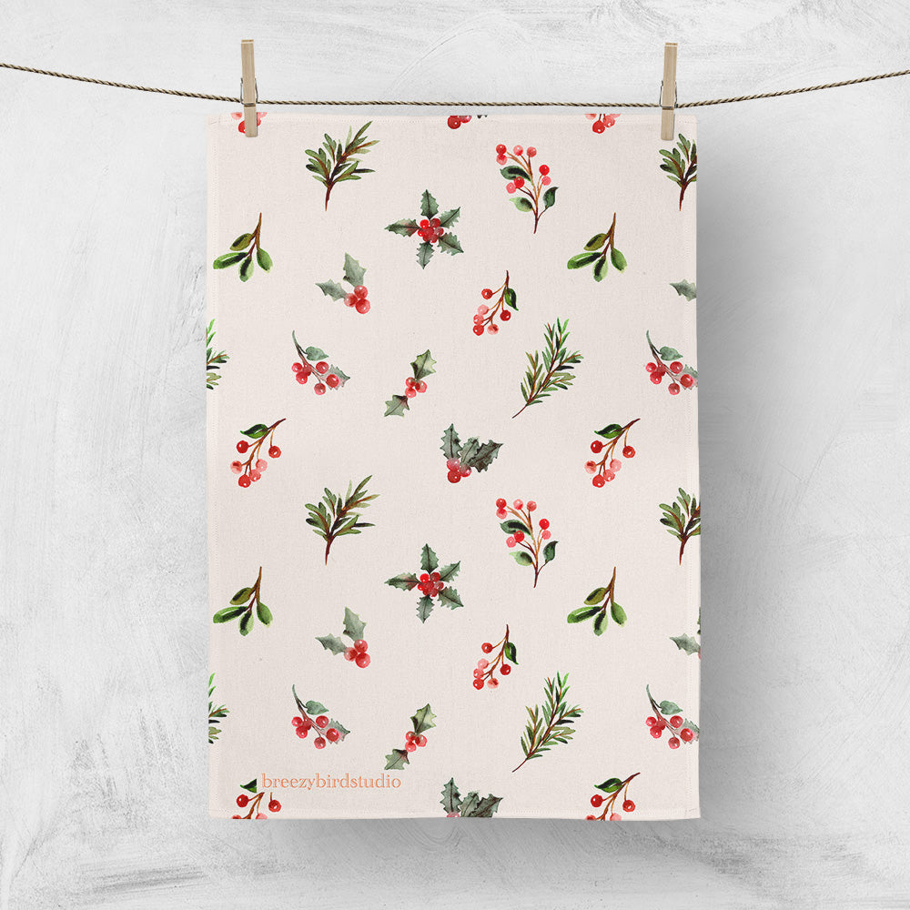 Christmas Holly Tea Towel Cotton Linen Blend