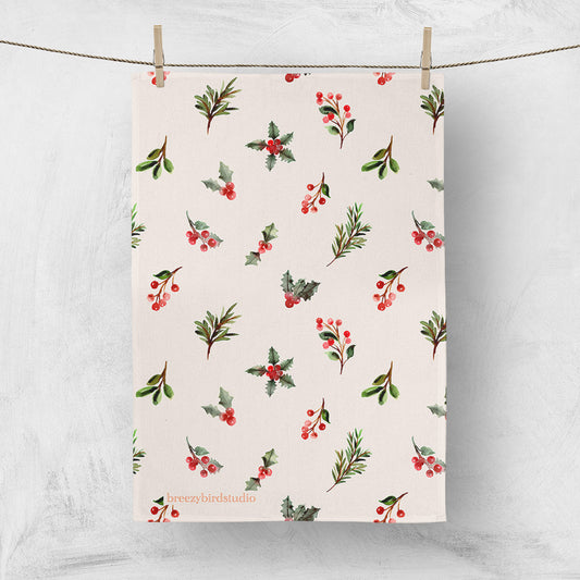 Christmas Holly Tea Towel Cotton Linen Blend