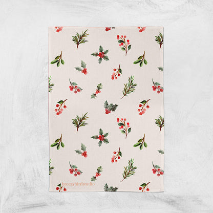 Christmas Holly Tea Towel - Linen Cotton Blend