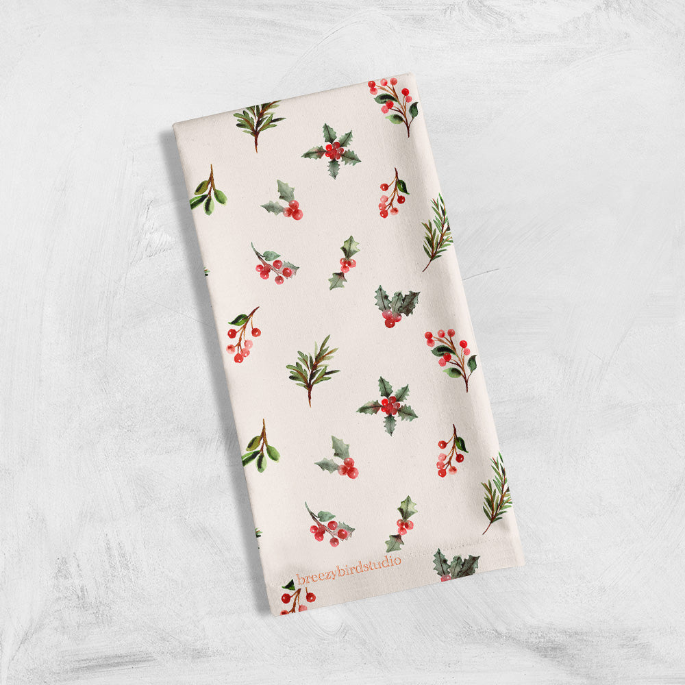 Christmas Holly Tea Towel - Linen Cotton Blend