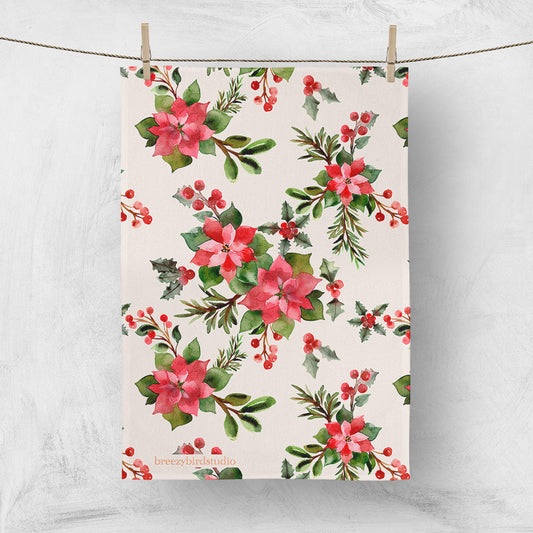 Christmas Poinsettia Tea Towel - Linen Cotton Blend